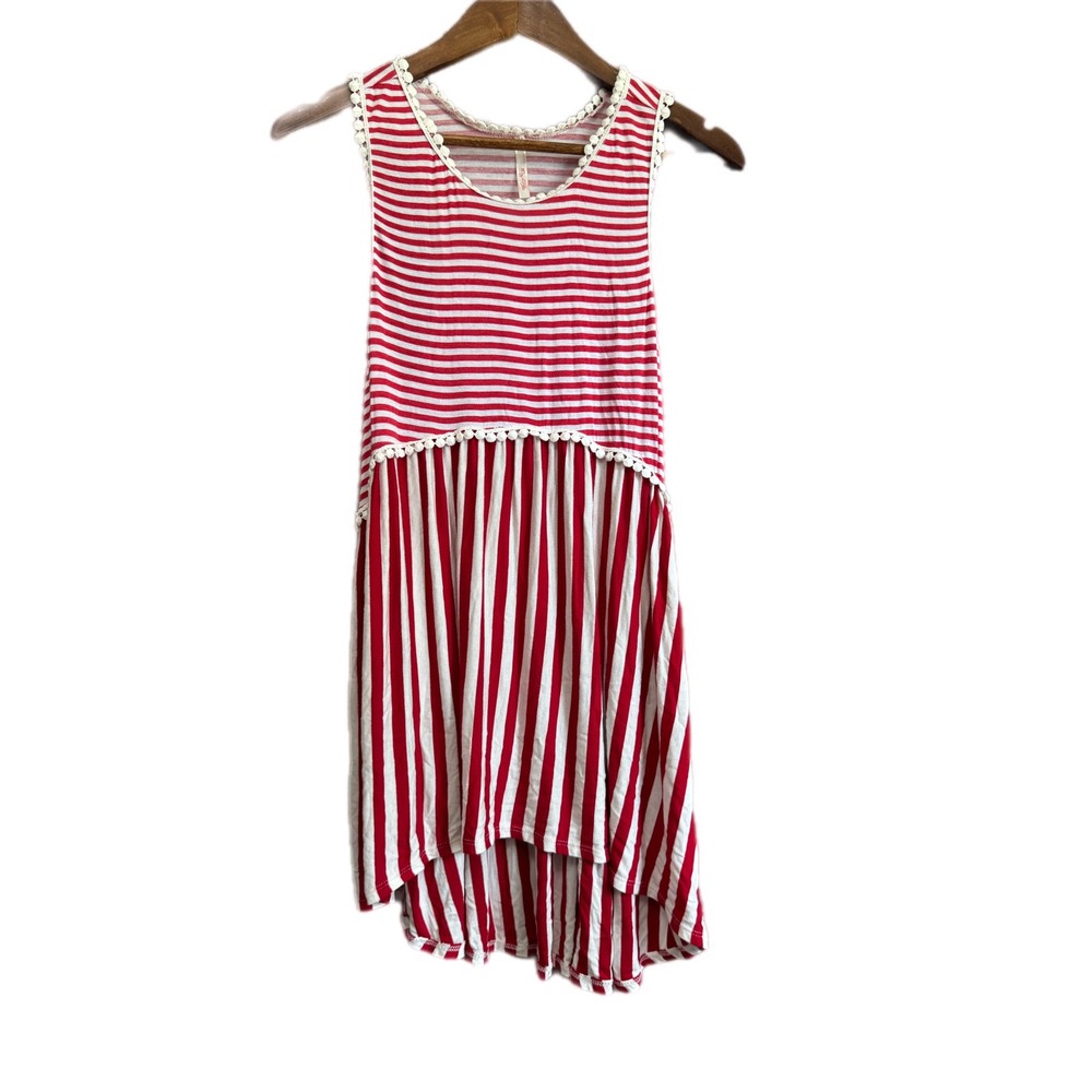 My Story Tunic Tank Women Medium Red White Stripe Excellent Pom Pom‎ High Low